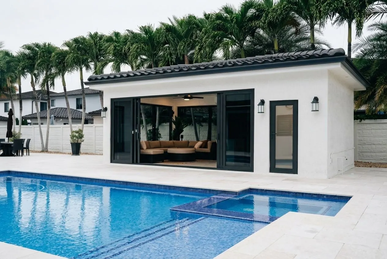 West Kendall pool house — exterior with barrel-tile roof and pool-deck sliders