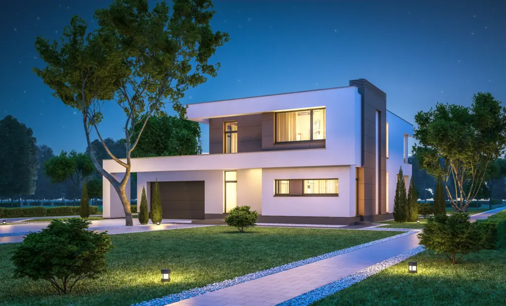 Architectural 3D rendering of a two-storey home at dusk