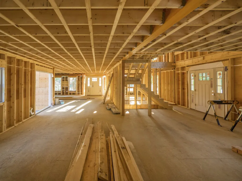 Interior framing with floor joists and a new front entry