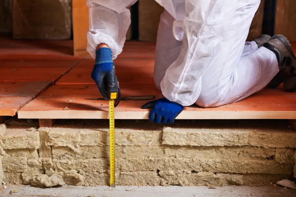 Worker checking insulation thickness with a tape measure