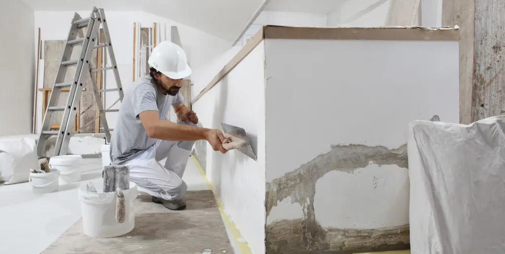 Plasterer trowelling a wall during a renovation
