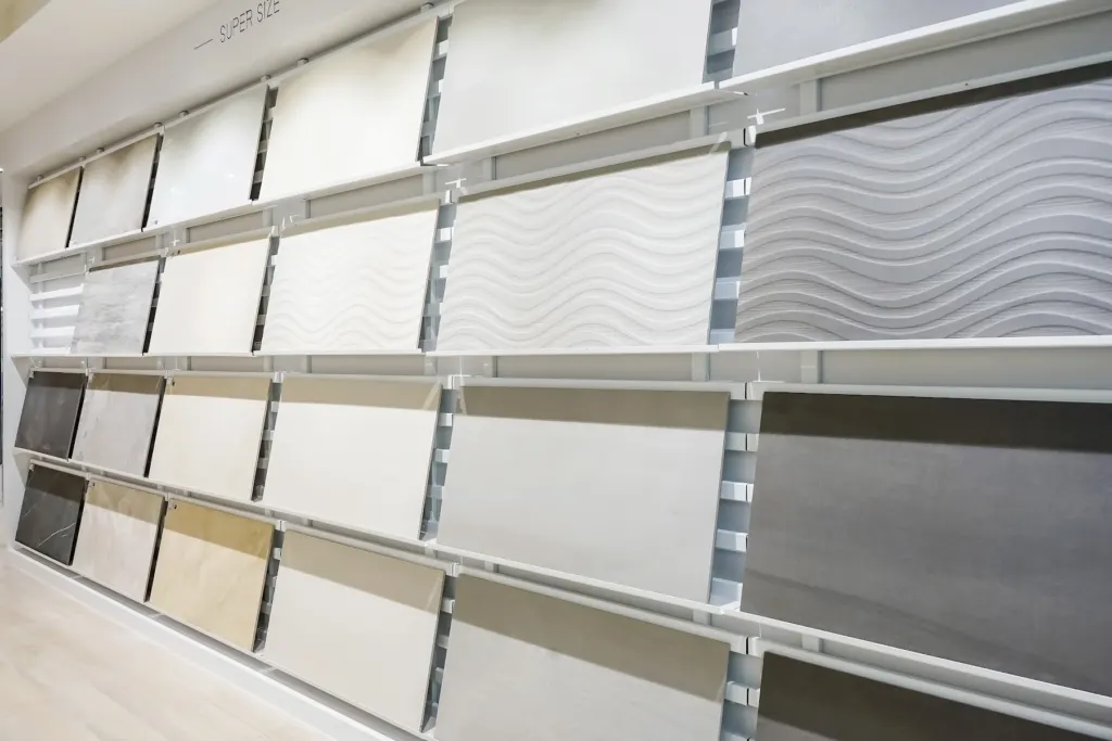 Wall display of tile samples in a showroom